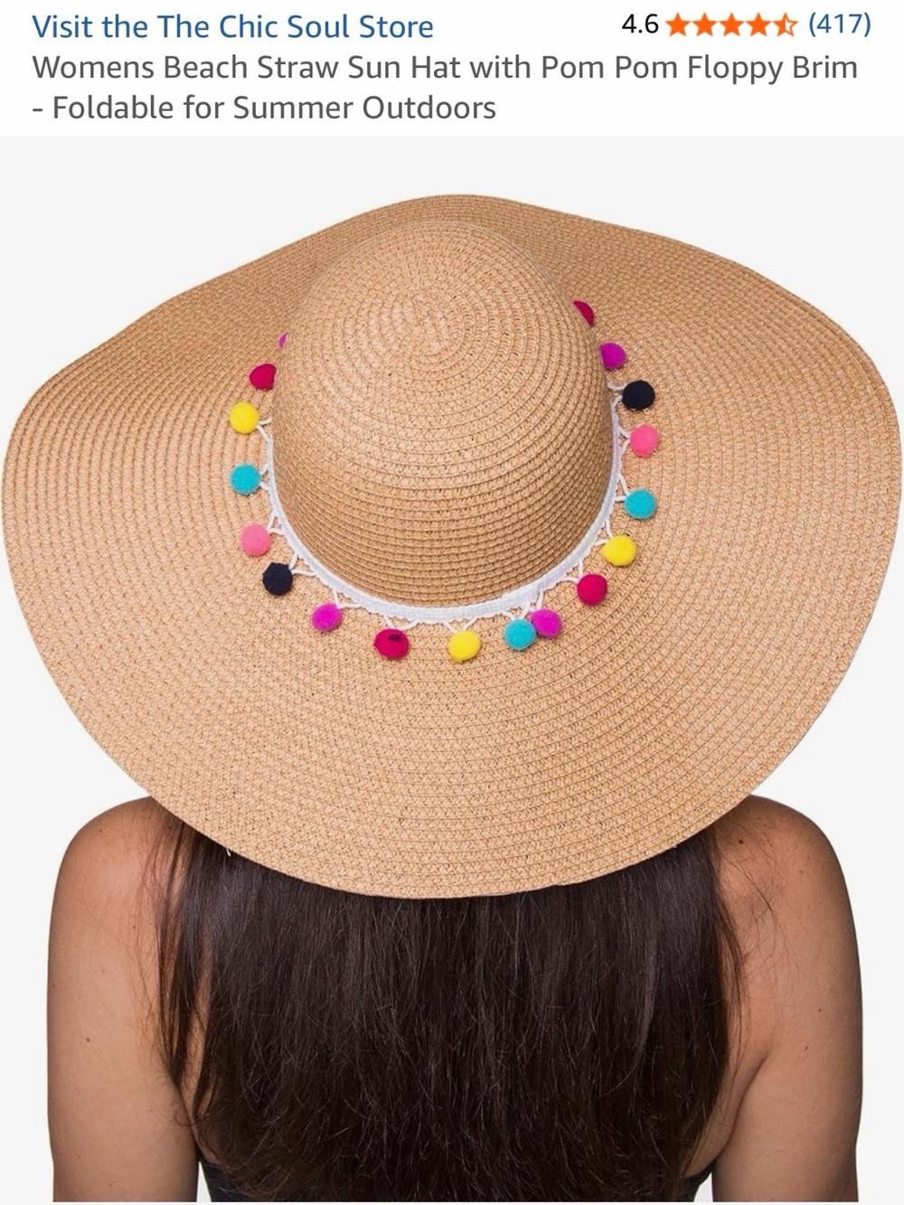 Packable Tan Straw Sun Hat with Multicolor Pom-Pom Trim